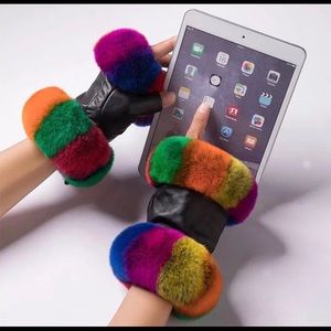 Colorful Leather Fur Gloves OSFM